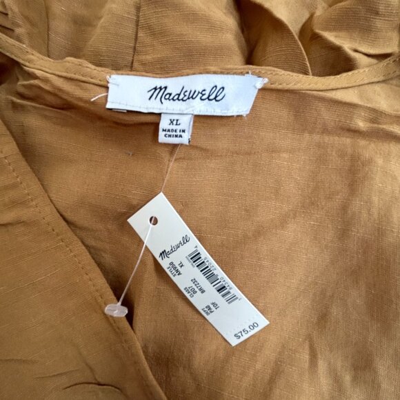 Madewell Linen-Blend Sash-Tie Wrap Top XL Toffee Short Sleeve AN950 New $75 - Picture 3 of 7